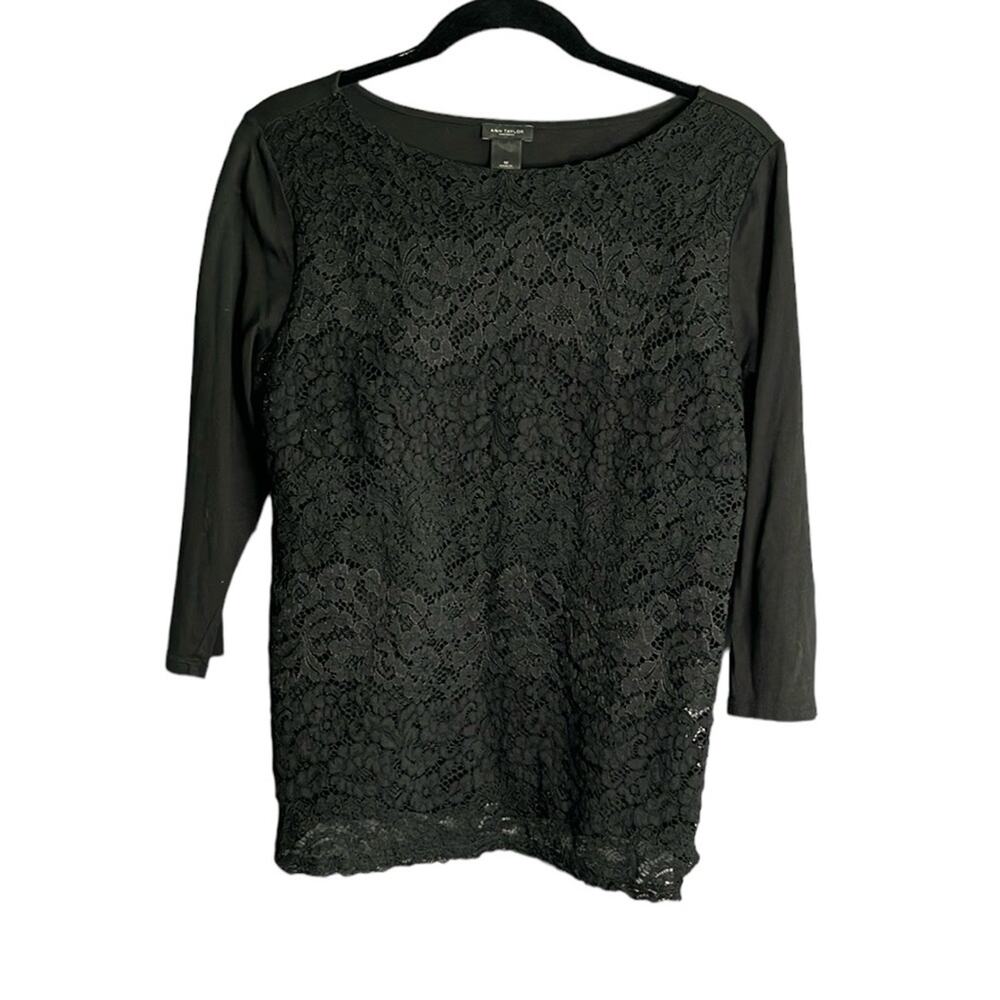 Ann Taylor Black Lace Front Top With 3/4 Length Sleeves Size Medium
